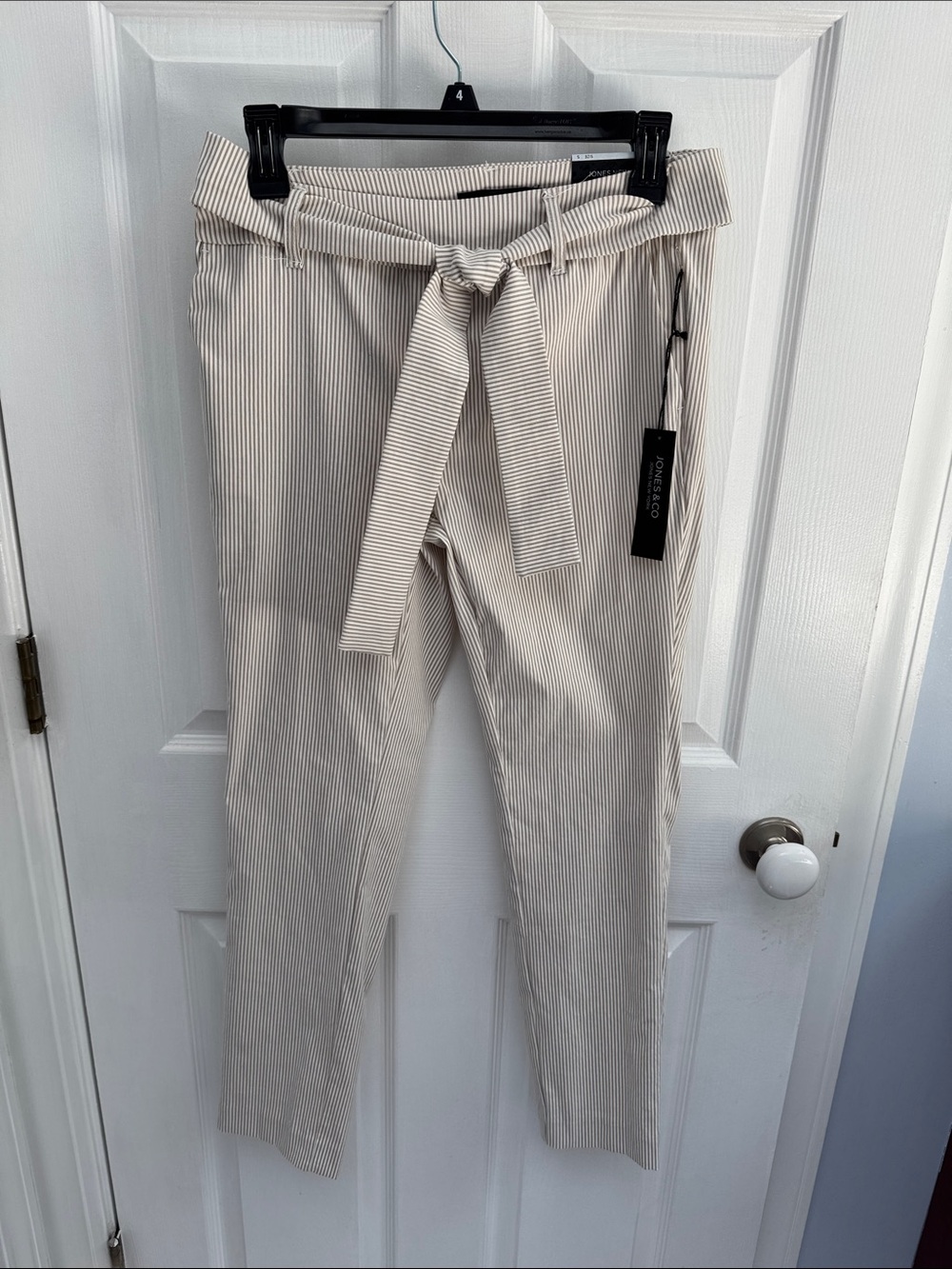 Jones New York Elastic Waist with Tie Belt Pinstripe Trousers - Beige/White